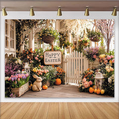 Lofaris Toile de fond de Pâques joyeuse avec lapin et fleurs printanières, magnifique décor de jardin pour séance photo de printemps