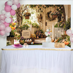 Lofaris Toile de fond de Pâques printanière avec fleurs, œufs et lapins, magnifique décor de vacances pour célébration