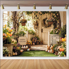 Lofaris Toile de fond de Pâques printanière avec fleurs, œufs et lapins, magnifique décor de vacances pour célébration