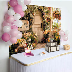 Lofaris Toile de fond de Pâques jardin printanier avec lapins et œufs, magnifique décor de printemps pour séance photo