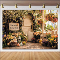 Lofaris Toile de fond de Pâques jardin printanier avec lapins et œufs, magnifique décor de printemps pour séance photo