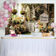 Lofaris Toile de fond de Pâques jardin fleuri avec lapins et œufs, magnifique décor printanier pour studio photo et célébration