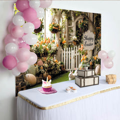 Lofaris Toile de fond de Pâques jardin fleuri avec lapins et œufs, magnifique décor printanier pour studio photo et célébration