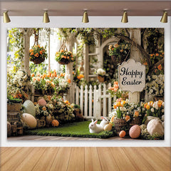 Lofaris Toile de fond de Pâques jardin fleuri avec lapins et œufs, magnifique décor printanier pour studio photo et célébration