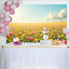 Lofaris Toile de fond paysage de printemps avec tulipes colorées et soleil, magnifique arrière-plan floral pour studio photo professionnel