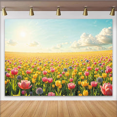 Lofaris Toile de fond paysage de printemps avec tulipes colorées et soleil, magnifique arrière-plan floral pour studio photo professionnel