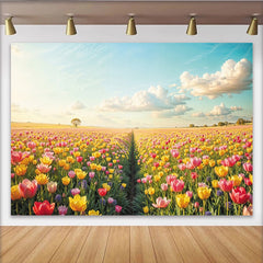 Lofaris Toile de fond de photographie paysage de printemps avec champ de tulipes colorées et ciel bleu, arrière-plan naturel pour studio photo