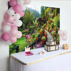 Lofaris Toile de fond de photographie jardin fleuri luxuriant avec chemin pavé, magnifique arrière-plan naturel pour studio photo professionnel