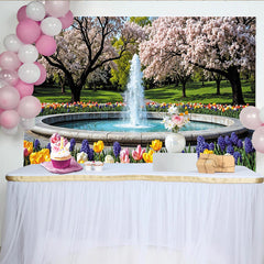 Lofaris Toile de fond de photographie paysage de printemps avec fontaine et cerisiers en fleurs, décor printanier avec tulipes colorées