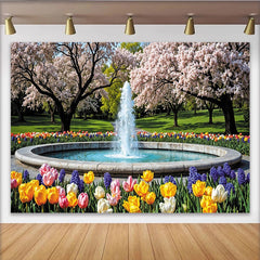 Lofaris Toile de fond de photographie paysage de printemps avec fontaine et cerisiers en fleurs, décor printanier avec tulipes colorées