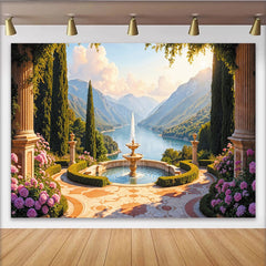 Lofaris Toile de fond de photographie jardin méditerranéen avec fontaine et cyprès, magnifique arrière-plan de paysage pour studio photo