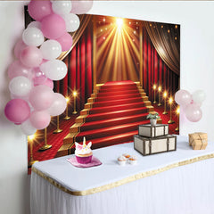 Lofaris Toile de fond pour photographie de scène de tapis rouge avec escalier et lumières dorées, élégant décor de fête pour événement