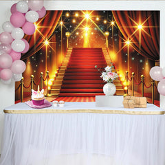 Lofaris Toile de fond de photographie de gala tapis rouge et lumières dorées, arrière-plan luxueux avec grand escalier pour événement