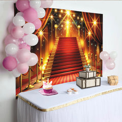 Lofaris Toile de fond de photographie de gala tapis rouge et lumières dorées, arrière-plan luxueux avec grand escalier pour événement
