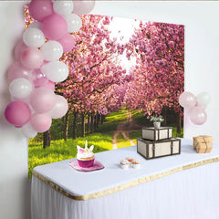 Lofaris Toile de fond de photographie paysage de printemps, allée fleurie rose, magnifique arrière-plan naturel pour studio photo