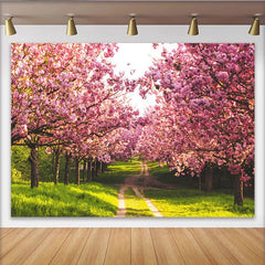 Lofaris Toile de fond de photographie paysage de printemps, allée fleurie rose, magnifique arrière-plan naturel pour studio photo
