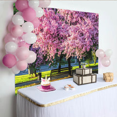 Lofaris Toile de fond de photographie paysage de printemps avec arbres en fleurs roses, décor printanier vibrant pour studio photo et portrait