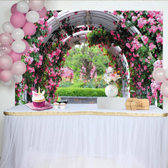 Lofaris Toile de fond de photographie de jardin fleuri avec arche de roses roses, élégant arrière-plan naturel pour studio ou événement