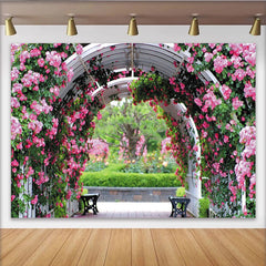 Lofaris Toile de fond de photographie de jardin fleuri avec arche de roses roses, élégant arrière-plan naturel pour studio ou événement