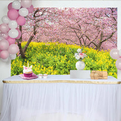 Lofaris Toile de fond paysage de printemps avec cerisiers roses et fleurs jaunes, magnifique arrière-plan naturel pour studio photo