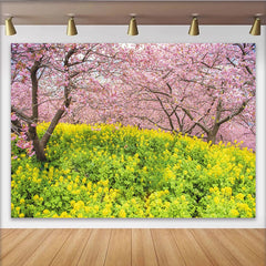 Lofaris Toile de fond paysage de printemps avec cerisiers roses et fleurs jaunes, magnifique arrière-plan naturel pour studio photo