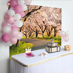 Lofaris Magnifique toile de fond de photographie cerisiers en fleurs avec chemin sinueux, décor printanier naturel pour studio photo