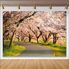 Lofaris Magnifique toile de fond de photographie cerisiers en fleurs avec chemin sinueux, décor printanier naturel pour studio photo