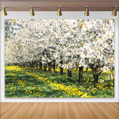 Lofaris Toile de fond paysage de printemps avec arbres en fleurs et champs jaunes, magnifique arrière-plan pour studio photo professionnel