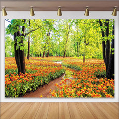 Lofaris Toile de fond de photographie de jardin de tulipes orange et vert luxuriant, arrière-plan de nature pour studio photo