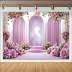 Lofaris Toile de fond pour mariage rose élégante avec arches et roses, magnifique décor romantique pour cérémonie et événement