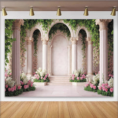 Lofaris Toile de fond de photographie jardin fleuri avec colonnes et arches romaines, arrière-plan élégant pour mariage ou studio photo
