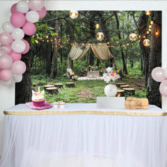 Lofaris Toile de fond pour mariage en forêt avec lumières et décor rustique, magnifique arrière-plan pour cérémonie et photographie
