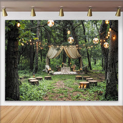 Lofaris Toile de fond pour mariage en forêt avec lumières et décor rustique, magnifique arrière-plan pour cérémonie et photographie