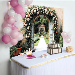 Lofaris Toile de fond pour mariage avec arche florale et vieilles portes bleues, magnifique décor de jardin romantique pour séance photo