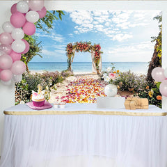 Lofaris Toile de fond mariage plage arche florale et pétales, magnifique arrière-plan pour cérémonie romantique et séance photo