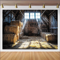 Lofaris Toile de fond de grange rustique avec balles de foin, arrière-plan de photographie en bois vintage pour portrait et studio