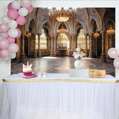 Lofaris Toile de fond de photographie d'intérieur de palais avec arches et lustres dorés, magnifique décor de style classique pour studio photo