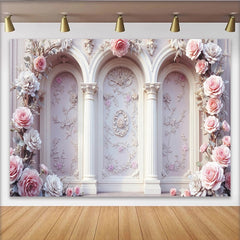 Lofaris Toile de fond de photographie classique florale avec arches et roses roses pâles, élégant décor romantique pour studio photo