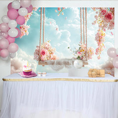 Lofaris Toile de fond de photographie avec balançoire fleurie et ciel nuageux, magnifique décor romantique pour séance photo de printemps