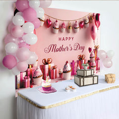 Lofaris Toile de fond rose Fête des Mères avec cupcakes et ballons, élégant décor de célébration pour studio photo