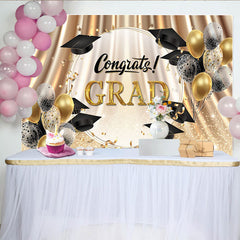 Lofaris Toile de fond or et noir pour remise des diplômes avec chapeaux et ballons, élégant décor de fête pour célébration de diplôme