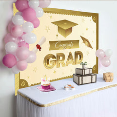 Lofaris Toile de fond pour la remise des diplômes dorée avec chapeau et diplôme, élégant décor de fête pour studio photo