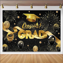Lofaris Toile de fond noire et or pour remise des diplômes avec chapeau, arrière-plan scintillant pour célébration de fin d'études