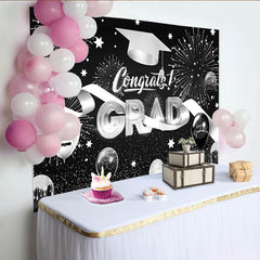 Lofaris Toile de fond pour remise des diplômes noir et argent avec feux d'artifice et ballons, élégant décor de fête pour célébration