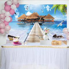 Lofaris Toile de fond de photographie plage tropicale, ponton en bois et mer bleue, magnifique arrière-plan estival pour studio photo