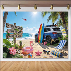 Lofaris Toile de fond de photographie plage tropicale avec voiture et planches de surf, magnifique arrière-plan d'été pour studio photo