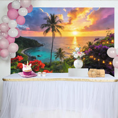 Lofaris Toile de fond de photographie paysage tropical palmiers et plage, magnifique arrière-plan coucher de soleil pour studio