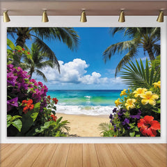 Lofaris Toile de fond de photographie plage tropicale avec palmiers et fleurs, magnifique arrière-plan pour studio photo ou vacances d'été