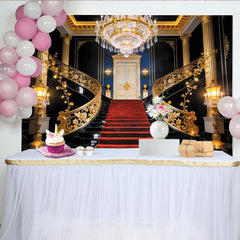 Lofaris Toile de fond de photographie de palais avec escalier doré et tapis rouge, décor luxueux pour studio photo professionnel