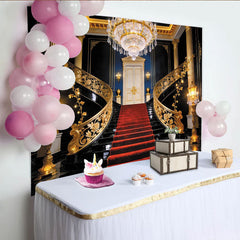 Lofaris Toile de fond de photographie de palais avec escalier doré et tapis rouge, décor luxueux pour studio photo professionnel